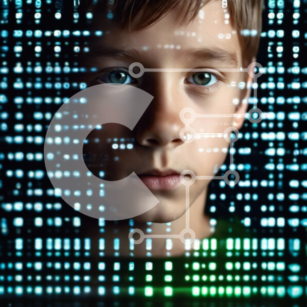 Intra Συλλεκτικό Ξύλινο Παζλ Plywood  4mm - Νεαρό αγόρι μπροστά από το αφηρημένο ψηφιακό υπόβαθρο Σε Ξύλινο Κουτί - Διαστάσεις Puzzle: 10x10 cm – 25 κομμάτια