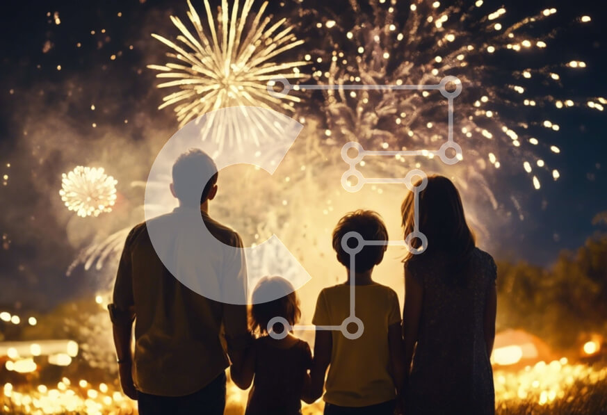 Intra Συλλεκτικό Ξύλινο Παζλ Plywood  4mm - Οικογένεια που παρακολουθεί επίδειξη πυροτεχνημάτων σε ειδική περίσταση Σε Ξύλινο Κουτί - Διαστάσεις: 10x10 cm – 25 κομμάτια