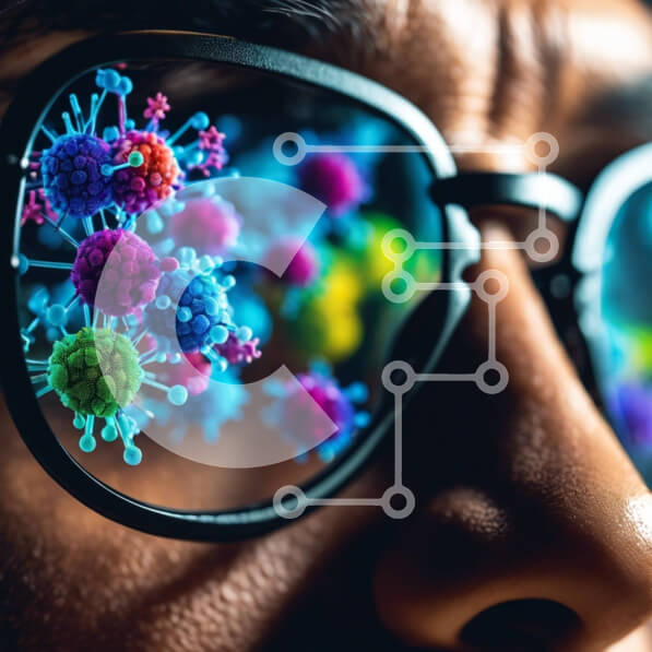 Intra Συλλεκτικό Ξύλινο Παζλ Plywood  4mm - Κοντινή όψη των ιών που αντανακλώνται σε γυαλιά Σε Ξύλινο Κουτί - Διαστάσεις Puzzle: 10x10 cm – 25 κομμάτια