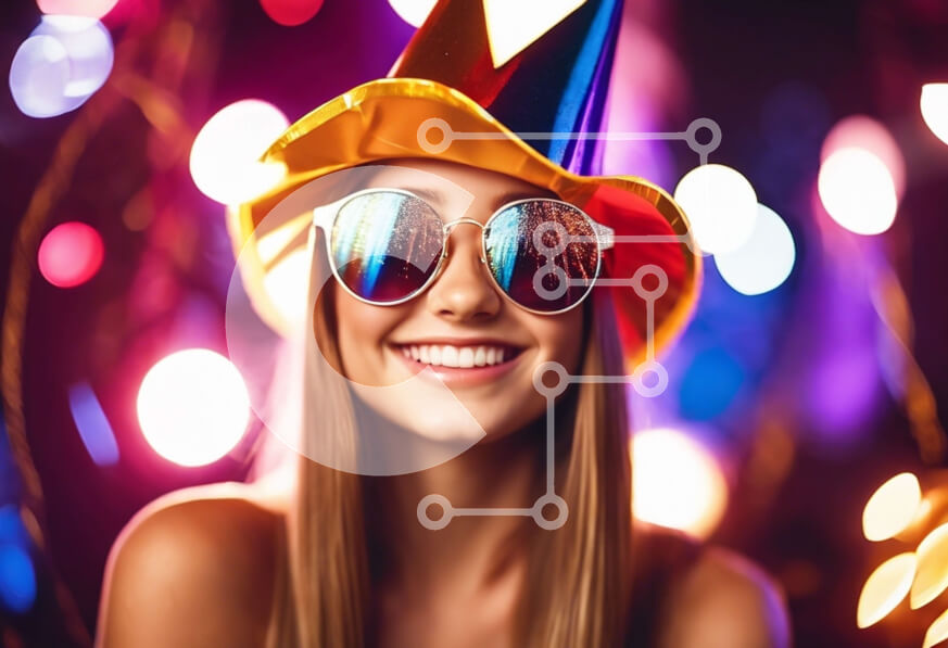 Intra Συλλεκτικό Ξύλινο Παζλ Plywood  4mm - Χαμογελαστή γυναίκα που φορά το καπέλο και γυαλιά ηλίου για πάρτι Σε Ξύλινο Κουτί - Διαστάσεις Puzzle: 10x10 cm – 25 κομμάτια