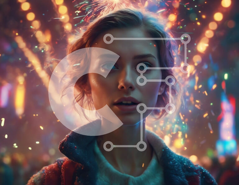 Intra Συλλεκτικό Ξύλινο Παζλ Plywood  4mm - Νεαρή γυναίκα αιχμαλωτισμένη από τα φωτισμένα φώτα της πόλης και τα πυροτεχνήματα Σε Ξύλινο Κουτί - Διαστάσεις Puzzle: 10x10 cm – 25 κομμάτια