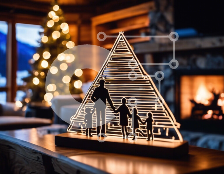 Intra Συλλεκτικό Ξύλινο Παζλ Plywood  4mm - Οικογενειακή σιλουέτα ενάντια στη φωτισμένη πυραμίδα στο σαλόνι Σε Ξύλινο Κουτί - Διαστάσεις Puzzle: 10x10 cm – 25 κομμάτια