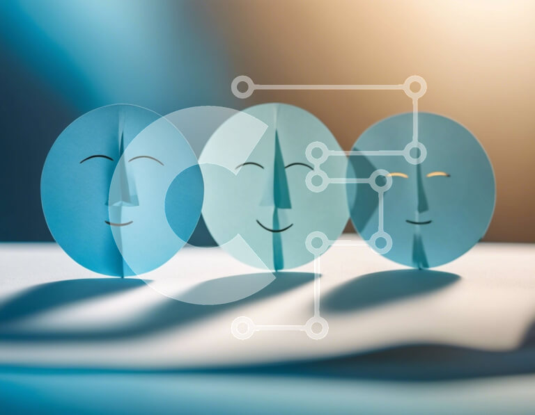 Intra Συλλεκτικό Ξύλινο Παζλ Plywood  4mm - Σειρά από χάρτινα πρόσωπα Origami με διαφορετικές εκφράσεις σε μπλε Σε Ξύλινο Κουτί - Διαστάσεις Puzzle: 10x10 cm – 25 κομμάτια