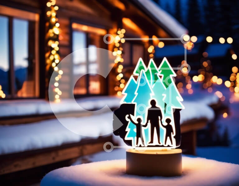 Intra Συλλεκτικό Ξύλινο Παζλ Plywood  4mm - Οικογενειακή σιλουέτα ενάντια στο χιόνι μπροστά από τη φωτισμένη καμπίνα Σε Ξύλινο Κουτί - Διαστάσεις: 10x10 cm – 25 κομμάτια