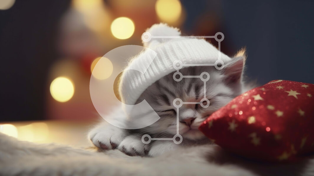 Σετ των 2 Intra Συλλεκτικό Ξύλινο Παζλ Plywood  4mm - Αξιολάτρευτο γκρι γατάκι που κοιμάται με καπέλο σε κόκκινο μαξιλάρι Σε Ξύλινο Κουτί - Διαστάσεις: 10x10 cm – 25 κομμάτια