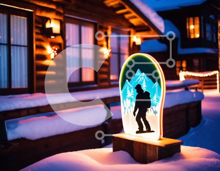 Intra Συλλεκτικό Ξύλινο Παζλ Plywood  4mm - Χιονισμένη καμπίνα με φωτιζόμενο Snowboard Σε Ξύλινο Κουτί - Διαστάσεις Puzzle: 10x10 cm – 25 κομμάτια