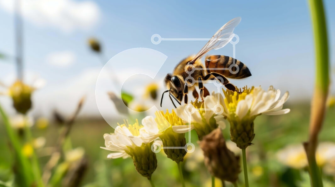 Intra Συλλεκτικό Ξύλινο Παζλ Plywood  4mm - Μέλισσα σε λευκά λουλούδια με καθαρό μπλε ουρανό Σε Ξύλινο Κουτί - Διαστάσεις: 10x10 cm – 25 κομμάτια