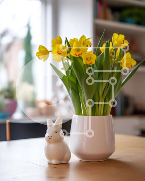 Intra Συλλεκτικό Ξύλινο Παζλ Plywood  4mm - Λευκό κεραμικό βάζο με κίτρινα λουλούδια και ειδώλιο λαγουδάκι Σε Ξύλινο Κουτί - Διαστάσεις: 10x10 cm – 25 κομμάτια