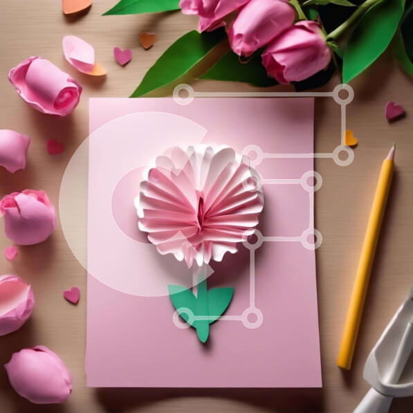 Intra Συλλεκτικό Ξύλινο Παζλ Plywood  4mm - Χαρτί κομμένο λουλούδι που περιβάλλεται από ροζ τουλίπες για ευχετήριες κάρτες και διακοσμήσεις Σε Ξύλινο Κουτί - Διαστάσεις Puzzle: 10x10 cm – 25 κομμάτια