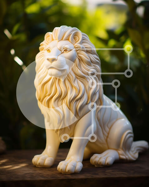 Intra Συλλεκτικό Ξύλινο Παζλ Plywood  4mm - Άγαλμα λευκού λιονταριού σε ξύλινο τραπέζι με φυτά Σε Ξύλινο Κουτί - Διαστάσεις: 10x10 cm – 25 κομμάτια