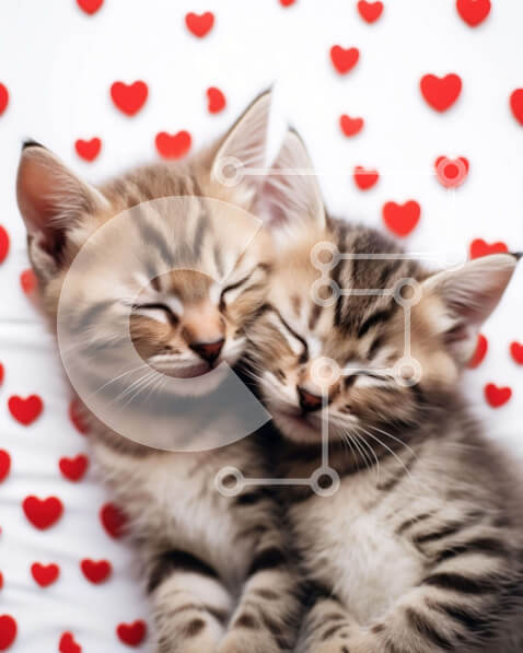 Σετ των 2 Intra Συλλεκτικό Ξύλινο Παζλ Plywood  4mm - Δύο γατάκια στριμώχνονται μαζί με φόντο κόκκινες καρδιές Σε Ξύλινο Κουτί - Διαστάσεις: 10x10 cm – 25 κομμάτια