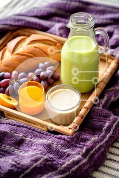 Σετ των 2 Intra Συλλεκτικό Ξύλινο Παζλ Plywood  4mm - Δίσκος με διάφορα φρούτα με πράσινη κανάτα γάλακτος Σε Ξύλινο Κουτί - Διαστάσεις: 10x10 cm – 25 κομμάτια