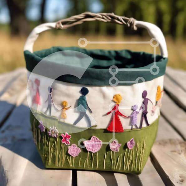 Intra Συλλεκτικό Ξύλινο Παζλ Plywood  4mm - Πράσινο καλάθι με κεντημένα άτομα και λουλούδια σε τραπέζι εξωτερικού χώρου Σε Ξύλινο Κουτί - Διαστάσεις Puzzle: 10x10 cm – 25 κομμάτια