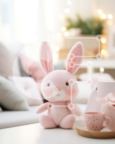 Intra Συλλεκτικό Ξύλινο Παζλ Plywood  4mm - Ροζ λαγουδάκι γεμιστό ζώο στο σαλόνι Σε Ξύλινο Κουτί - Διαστάσεις Puzzle: 10x10 cm – 25 κομμάτια