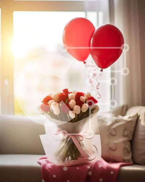 Intra Συλλεκτικό Ξύλινο Παζλ Plywood  4mm - Ρομαντικά κόκκινα τριαντάφυλλα και μπαλόνια σε έναν άνετο καναπέ Σε Ξύλινο Κουτί - Διαστάσεις Puzzle: 10x10 cm – 25 κομμάτια