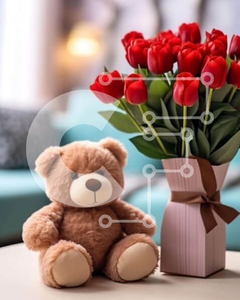 Intra Συλλεκτικό Ξύλινο Παζλ Plywood  4mm - Αρκουδάκι με κόκκινες τουλίπες Σε Ξύλινο Κουτί - Διαστάσεις Puzzle: 10x10 cm – 25 κομμάτια