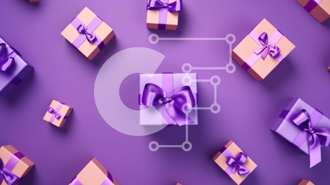 Intra Συλλεκτικό Ξύλινο Παζλ Plywood  4mm - Μωβ φόντο με αιωρούμενα κουτιά δώρων και φιόγκους Σε Ξύλινο Κουτί - Διαστάσεις Puzzle: 10x10 cm – 25 κομμάτια