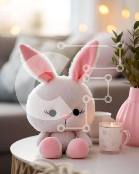 Intra Συλλεκτικό Ξύλινο Παζλ Plywood  4mm - Λευκό λαγουδάκι γεμιστό ζώο στο τραπέζι με κηροπήγια και φλιτζάνι καφέ Σε Ξύλινο Κουτί - Διαστάσεις: 10x10 cm – 25 κομμάτια