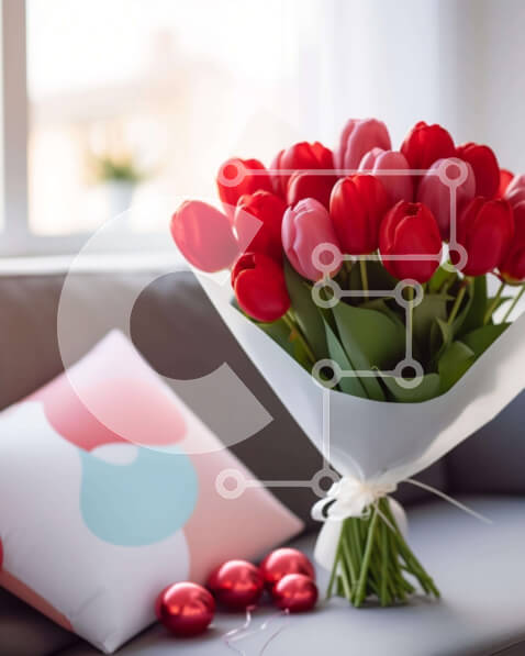 Intra Συλλεκτικό Ξύλινο Παζλ Plywood  4mm - Μπουκέτο με κόκκινες τουλίπες στον καναπέ με μαξιλάρια στο σαλόνι Σε Ξύλινο Κουτί - Διαστάσεις Puzzle: 10x10 cm – 25 κομμάτια
