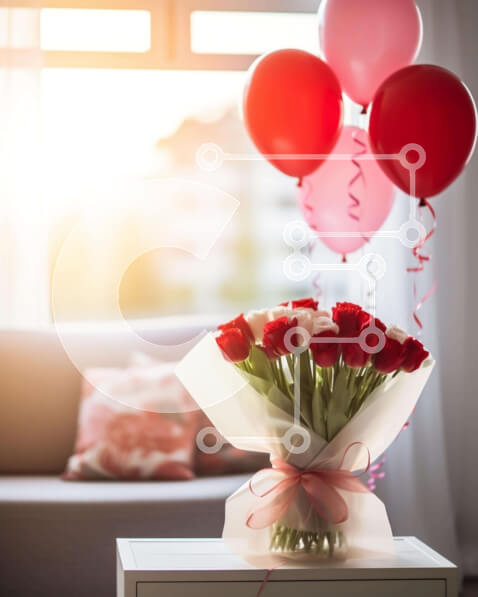 Intra Συλλεκτικό Ξύλινο Παζλ Plywood  4mm - Τραπέζι με κόκκινα και λευκά μπαλόνια, μπουκέτο με κόκκινα τριαντάφυλλα και διάσπαρτα μαξιλάρια Σε Ξύλινο Κουτί - Διαστάσεις Puzzle: 10x10 cm – 25 κομμάτια