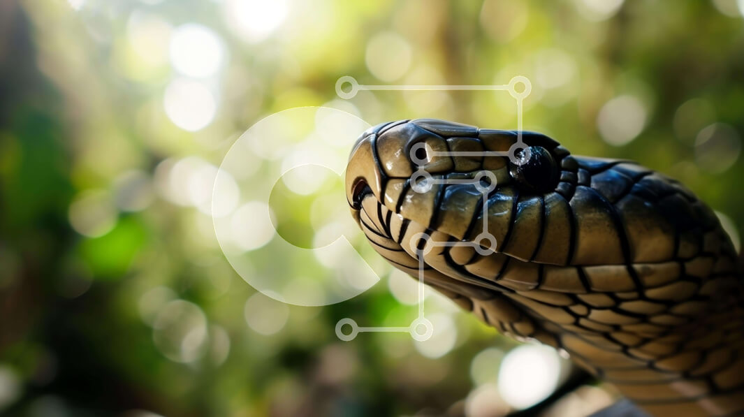 Σετ των 2 Intra Συλλεκτικό Ξύλινο Παζλ Plywood  4mm - Κοντινό πλάνο του κεφαλιού της ενήλικης μαύρης κόμπρας στο πράσινο φύλλωμα Σε Ξύλινο Κουτί - Διαστάσεις: 10x10 cm – 25 κομμάτια