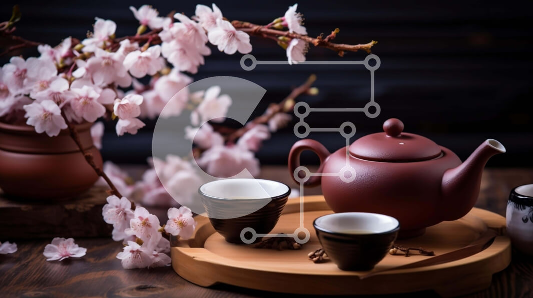 Intra Συλλεκτικό Ξύλινο Παζλ Plywood  4mm - Τσαγιέρα και φλιτζάνια με ανθισμένα άνθη κερασιάς Σε Ξύλινο Κουτί - Διαστάσεις Puzzle: 10x10 cm – 25 κομμάτια