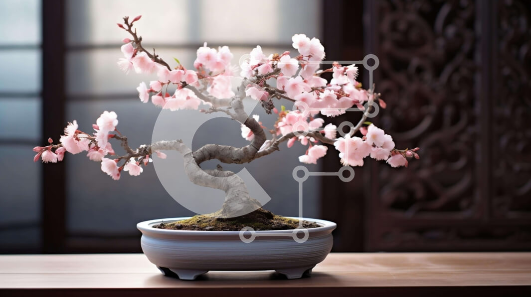 Intra Συλλεκτικό Ξύλινο Παζλ Plywood  4mm - Δέντρο μπονσάι σε γλάστρα με ροζ άνθη σε ξύλινο τραπέζι Σε Ξύλινο Κουτί - Διαστάσεις: 10x10 cm – 25 κομμάτια