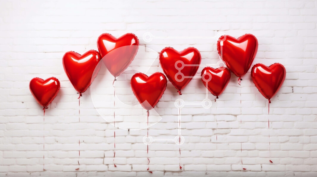 Intra Συλλεκτικό Ξύλινο Παζλ Plywood  4mm - Κόκκινα μπαλόνια σε σχήμα καρδιάς σε έναν άσπρο τουβλότοιχο Σε Ξύλινο Κουτί - Διαστάσεις Puzzle: 10x10 cm – 25 κομμάτια