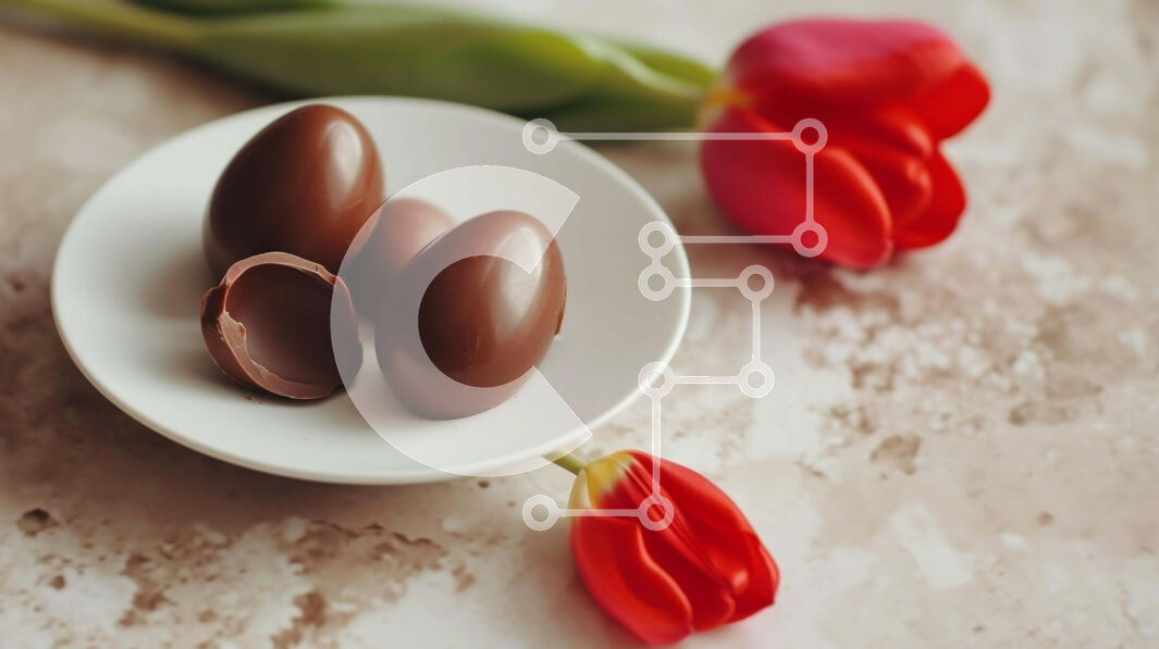 Intra Συλλεκτικό Ξύλινο Παζλ Plywood  4mm - Πασχαλινή γιορτή με σοκολατένια αυγά και κόκκινες τουλίπες Σε Ξύλινο Κουτί - Διαστάσεις: 10x10 cm – 25 κομμάτια