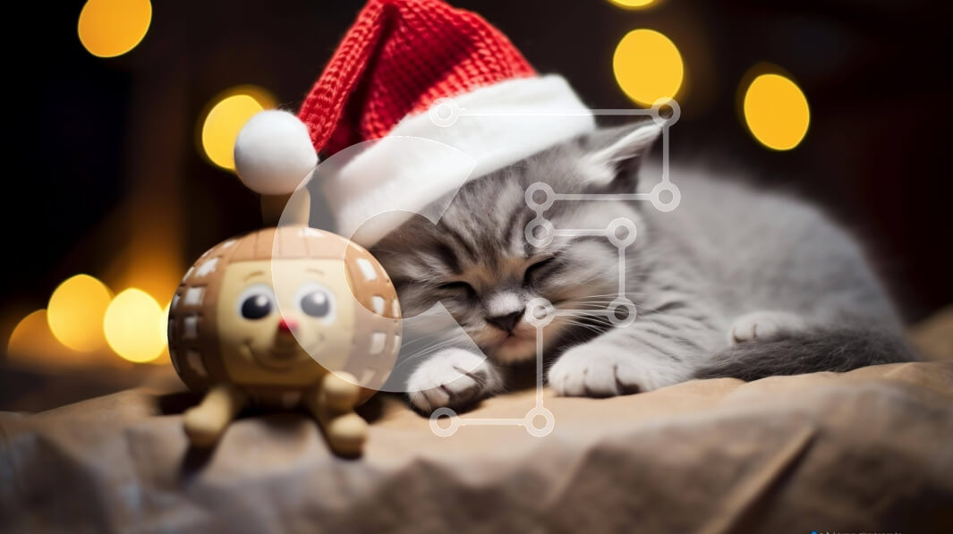 Σετ των 2 Intra Συλλεκτικό Ξύλινο Παζλ Plywood  4mm - Χαριτωμένο γκρι γατάκι που κοιμάται με το καπέλο και το παιχνίδι του Άγιου Βασίλη Σε Ξύλινο Κουτί - Διαστάσεις: 10x10 cm – 25 κομμάτια