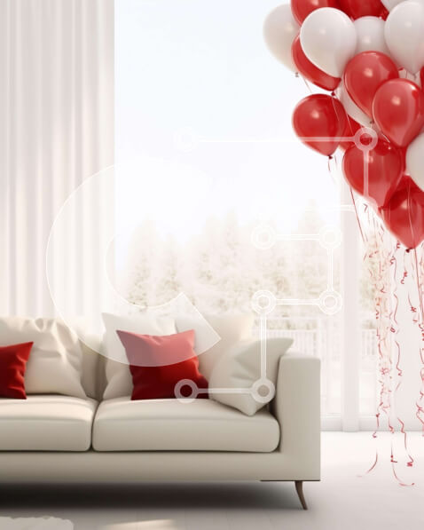 Intra Συλλεκτικό Ξύλινο Παζλ Plywood  4mm - Λευκός καναπές με κόκκινα και λευκά μπαλόνια στο σαλόνι Σε Ξύλινο Κουτί - Διαστάσεις Puzzle: 10x10 cm – 25 κομμάτια