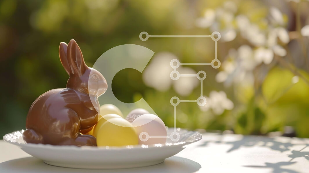 Intra Συλλεκτικό Ξύλινο Παζλ Plywood  4mm - Πασχαλινό ειδώλιο λαγουδάκι σοκολάτας σε πολύχρωμο πιάτο αυγών με λουλούδια Σε Ξύλινο Κουτί - Διαστάσεις: 10x10 cm – 25 κομμάτια