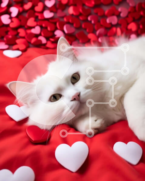 Σετ των 2 Intra Συλλεκτικό Ξύλινο Παζλ Plywood  4mm - Χαλαρή λευκή γάτα σε κόκκινο φόντο με καρδιές Σε Ξύλινο Κουτί - Διαστάσεις: 10x10 cm – 25 κομμάτια