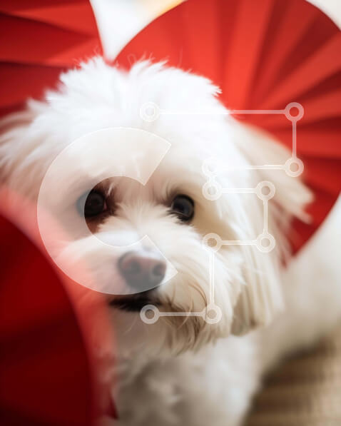 Σετ των 2 Intra Συλλεκτικό Ξύλινο Παζλ Plywood  4mm - Περίεργος μικρός λευκός σκύλος με κόκκινα χάρτινα φανάρια σε σχήμα καρδιάς Σε Ξύλινο Κουτί - Διαστάσεις: 10x10 cm – 25 κομμάτια