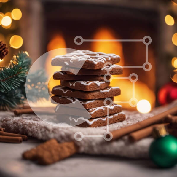 Intra Συλλεκτικό Ξύλινο Παζλ Plywood  4mm - Στοίβα από μπισκότα μελόψωμο και χριστουγεννιάτικα στολίδια δίπλα στο τζάκι Σε Ξύλινο Κουτί - Διαστάσεις: 10x10 cm – 25 κομμάτια