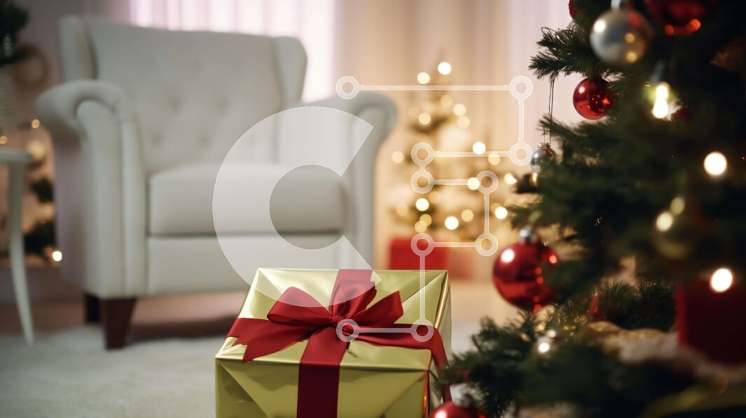 Intra Συλλεκτικό Ξύλινο Παζλ Plywood  4mm - Χρυσό κουτί δώρου μπροστά από το χριστουγεννιάτικο δέντρο Σε Ξύλινο Κουτί - Διαστάσεις: 10x10 cm – 25 κομμάτια