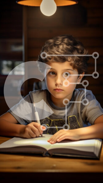 Intra Συλλεκτικό Ξύλινο Παζλ Plywood  4mm - Νεαρό αγόρι που μελετά στο γραφείο με τη λάμπα φωτός Σε Ξύλινο Κουτί - Διαστάσεις Puzzle: 10x10 cm – 25 κομμάτια