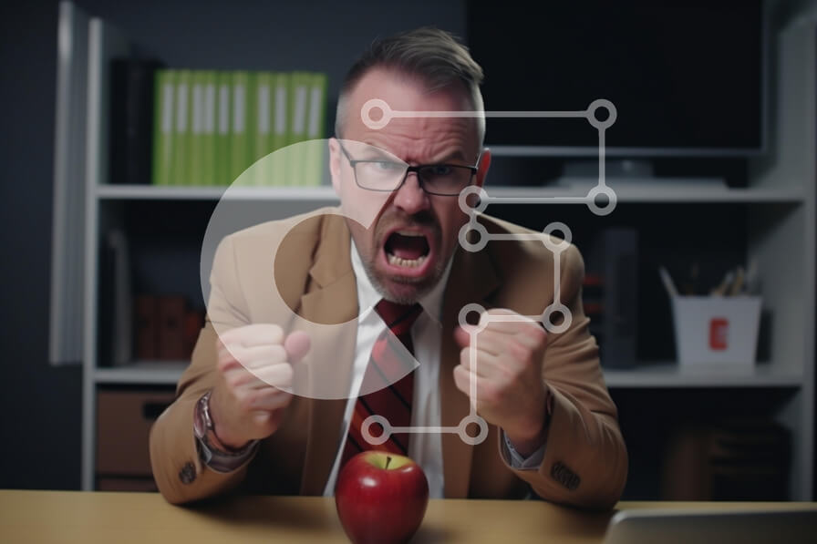 Intra Συλλεκτικό Ξύλινο Παζλ Plywood  4mm - Θυμωμένος άνδρας στο γραφείο με την Apple Σε Ξύλινο Κουτί - Διαστάσεις Puzzle: 10x10 cm – 25 κομμάτια