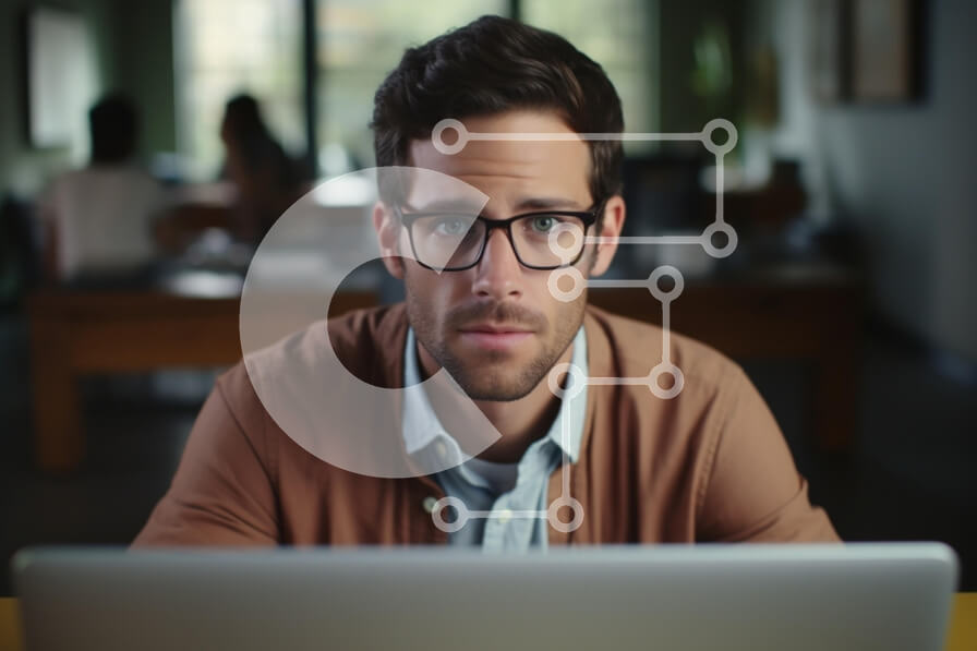 Intra Συλλεκτικό Ξύλινο Παζλ Plywood  4mm - Άνθρωπος στο γραφείο που κοιτάζει το φορητό υπολογιστή Σε Ξύλινο Κουτί - Διαστάσεις Puzzle: 10x10 cm – 25 κομμάτια