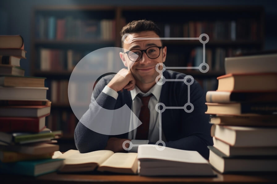 Intra Συλλεκτικό Ξύλινο Παζλ Plywood  4mm - Άνδρας που διαβάζει σε ακαδημαϊκό περιβάλλον με στοίβες βιβλίων Σε Ξύλινο Κουτί - Διαστάσεις Puzzle: 10x10 cm – 25 κομμάτια