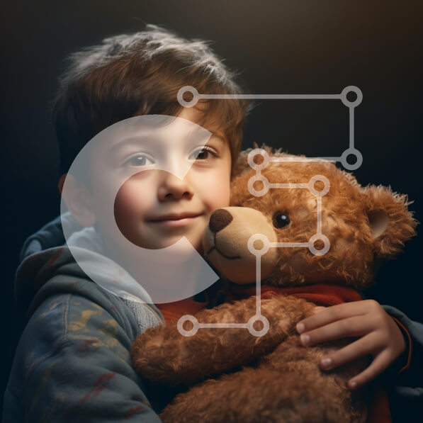 Intra Συλλεκτικό Ξύλινο Παζλ Plywood  4mm - Συγκινητική στιγμή: Νεαρό αγόρι αγκαλιάζει το αρκουδάκι Σε Ξύλινο Κουτί - Διαστάσεις Puzzle: 10x10 cm – 25 κομμάτια