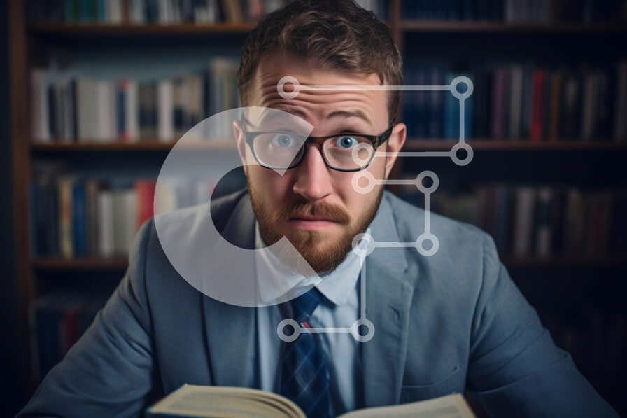 Intra Συλλεκτικό Ξύλινο Παζλ Plywood  4mm - Έκπληκτος άνθρωπος που διαβάζει στη βιβλιοθήκη Σε Ξύλινο Κουτί - Διαστάσεις Puzzle: 10x10 cm – 25 κομμάτια