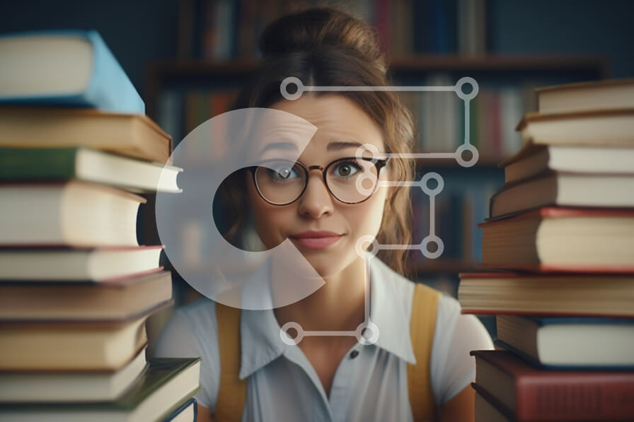 Intra Συλλεκτικό Ξύλινο Παζλ Plywood  4mm - Νεαρή γυναίκα που περιβάλλεται από βιβλία Σε Ξύλινο Κουτί - Διαστάσεις Puzzle: 10x10 cm – 25 κομμάτια