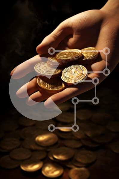 Intra Συλλεκτικό Ξύλινο Παζλ Plywood  4mm - Ατομικό χέρι που κρατά χρυσά νομίσματα Σε Ξύλινο Κουτί - Διαστάσεις Puzzle: 10x10 cm – 25 κομμάτια