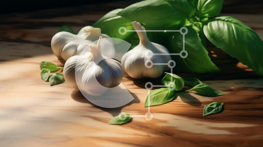 Σετ των 2 Intra Συλλεκτικό Ξύλινο Παζλ Plywood  4mm - Βολβοί σκόρδου και φύλλα βασιλικού σε ξύλινη επιφάνεια Σε Ξύλινο Κουτί - Διαστάσεις: 10x10 cm – 25 κομμάτια