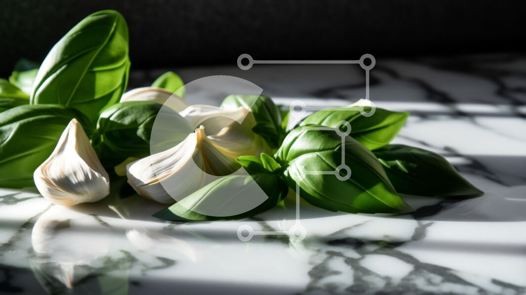 Σετ των 2 Intra Συλλεκτικό Ξύλινο Παζλ Plywood  4mm - Φρέσκα φύλλα βασιλικού σε μαρμάρινο τραπέζι Σε Ξύλινο Κουτί - Διαστάσεις: 10x10 cm – 25 κομμάτια