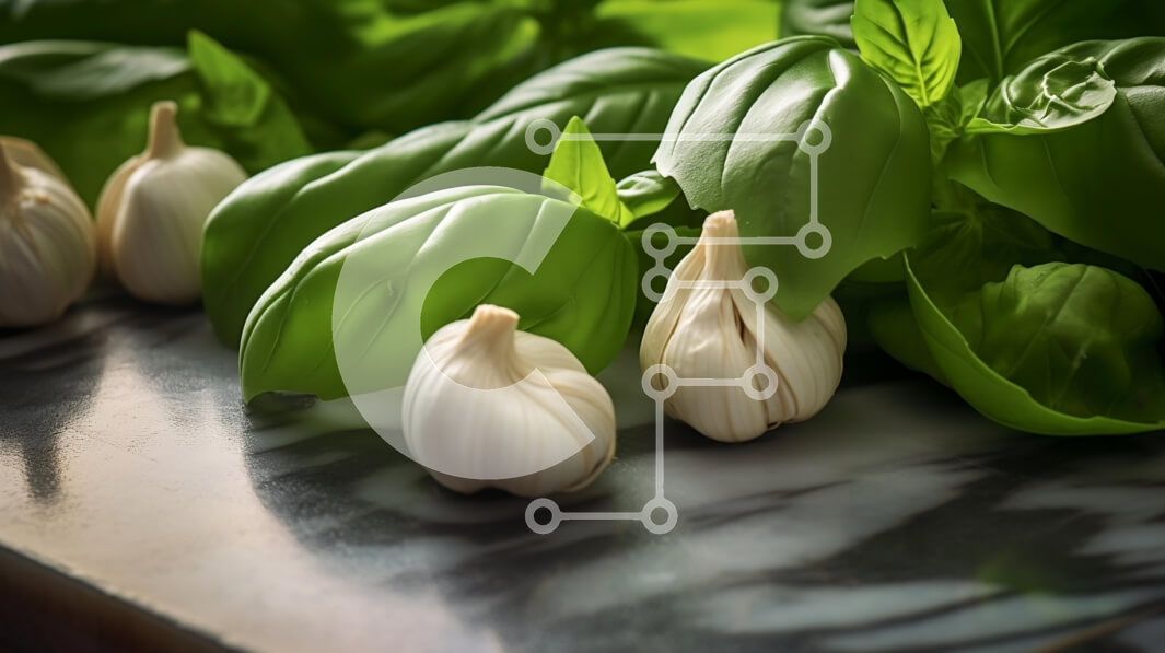 Σετ των 2 Intra Συλλεκτικό Ξύλινο Παζλ Plywood  4mm - Ομάδα λευκών βολβών σκόρδου στα φύλλα βασιλικού Σε Ξύλινο Κουτί - Διαστάσεις: 10x10 cm – 25 κομμάτια