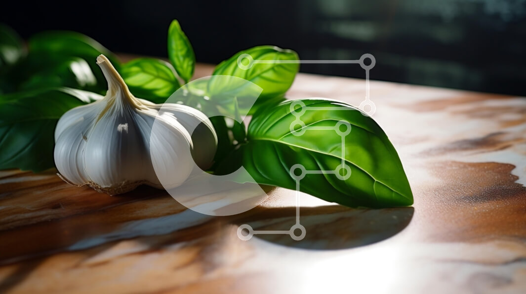 Σετ των 2 Intra Συλλεκτικό Ξύλινο Παζλ Plywood  4mm - Φρέσκο ​​σκόρδο και πράσινα φύλλα σε μαρμάρινο τραπέζι Σε Ξύλινο Κουτί - Διαστάσεις: 10x10 cm – 25 κομμάτια