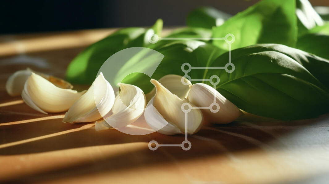 Σετ των 2 Intra Συλλεκτικό Ξύλινο Παζλ Plywood  4mm - Σκελίδες σκόρδου και πράσινα φύλλα σε ξύλινο τραπέζι Σε Ξύλινο Κουτί - Διαστάσεις: 10x10 cm – 25 κομμάτια