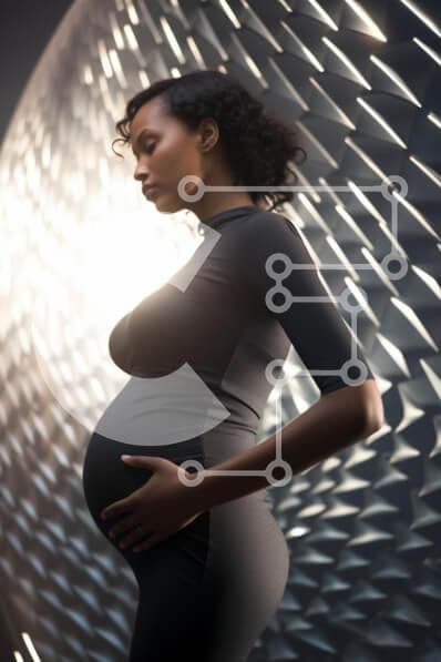 Intra Συλλεκτικό Ξύλινο Παζλ Plywood  4mm - Έγκυος γυναίκα μπροστά από το αφηρημένο γεωμετρικό σχέδιο Σε Ξύλινο Κουτί - Διαστάσεις Puzzle: 10x10 cm – 25 κομμάτια